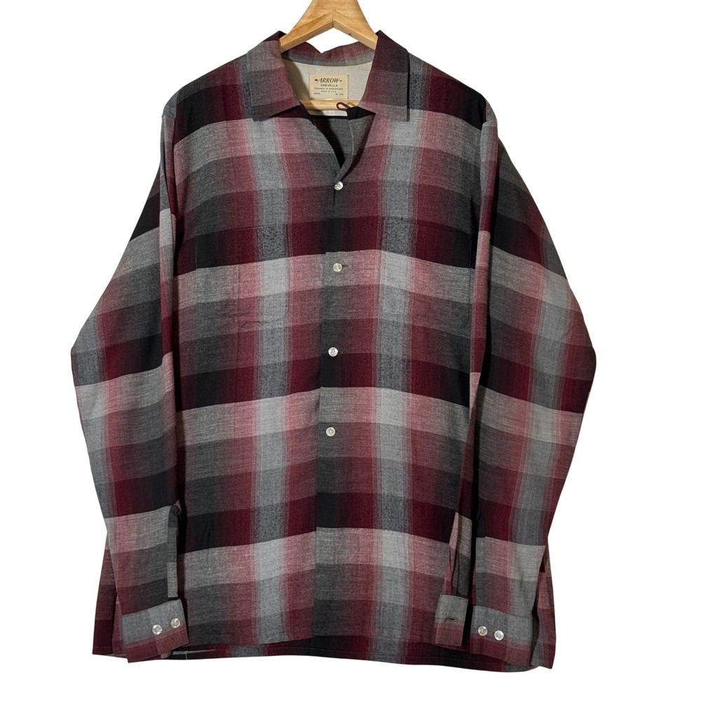 Vintage 60s Arrow Chevella Rayon Plaid Shirt Mens Large Burgundy Grey USA Made